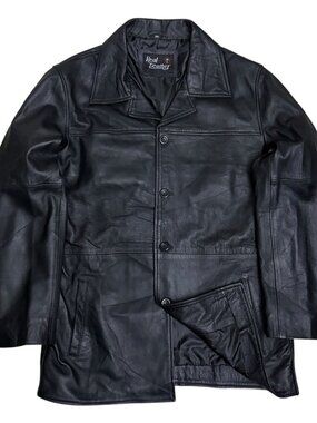 REAL LEATHER Vintage Y2K Black Casual Bomber Duster Retro Jacket Coat Mens 3XL